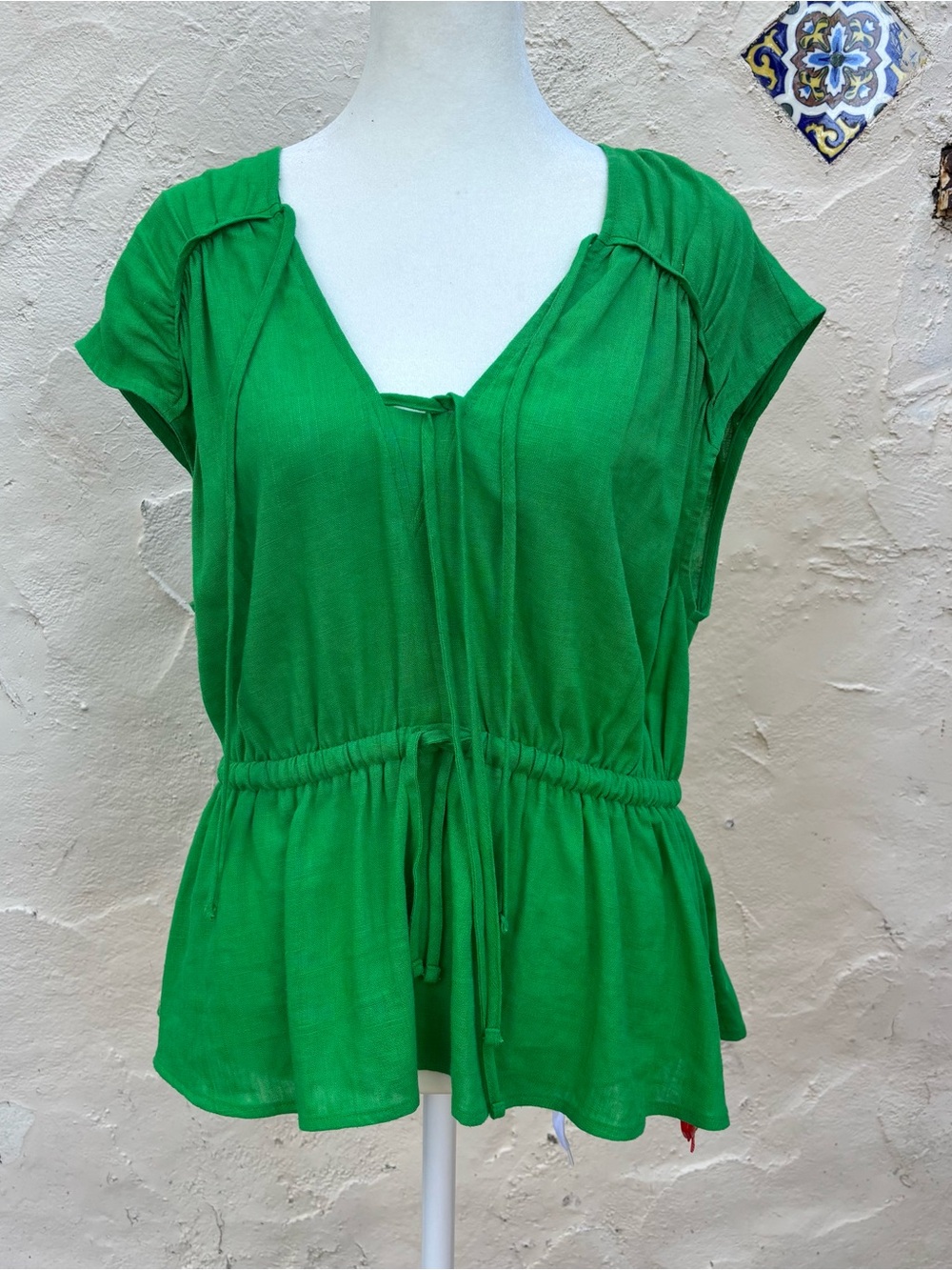 Derek Lam and IO Crosby Green Drawstring Peplum Short-Sleeve Top